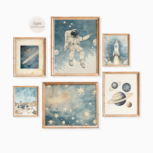 Vintage Space Wall Art – Astronaut & Galaxy Print Set