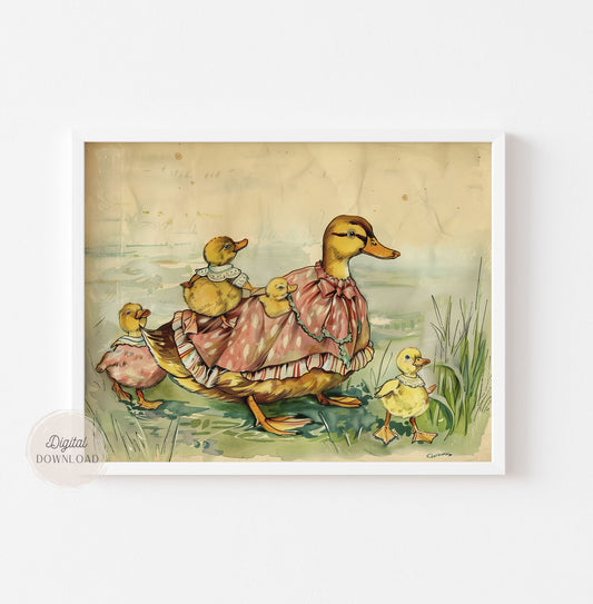 Vintage Duck Family Wall Art – Whimsical Storybook Scene