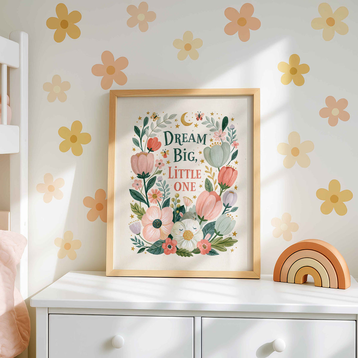Retro wall art pairing tulips and poppies in blush, coral and lilac with two small butterflies