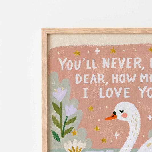 Retro wall art pairing a mother swan with her little cygnet with lily pads and lavender blooms