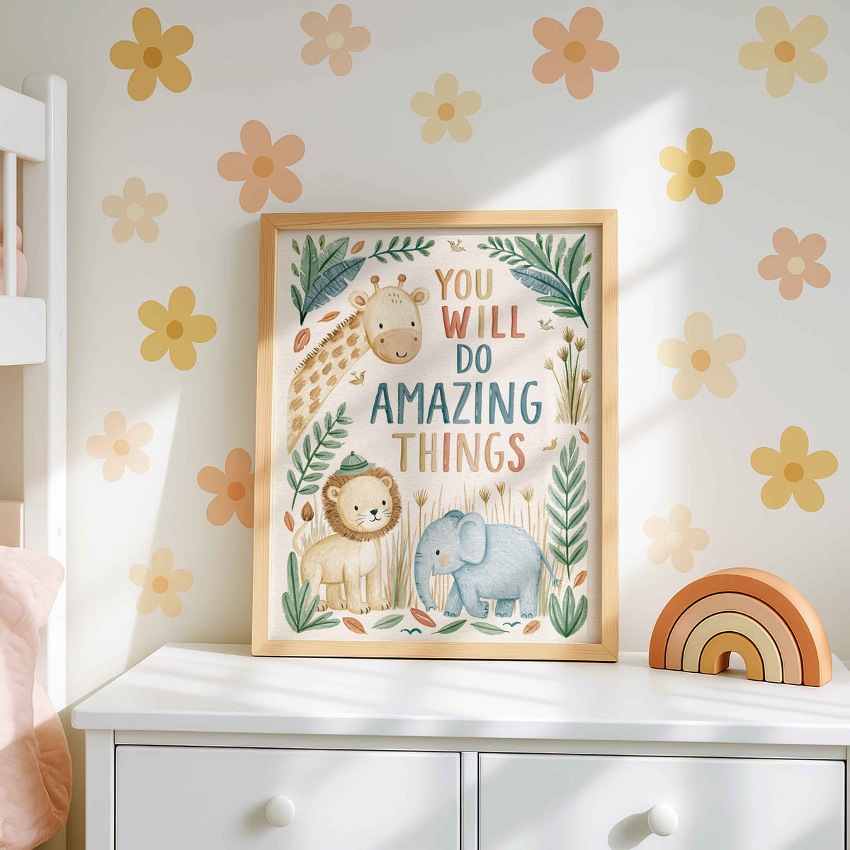 Retro wall art pairing a lion in a soft green cap and a baby elephant with a giraffe leaning in from the corner