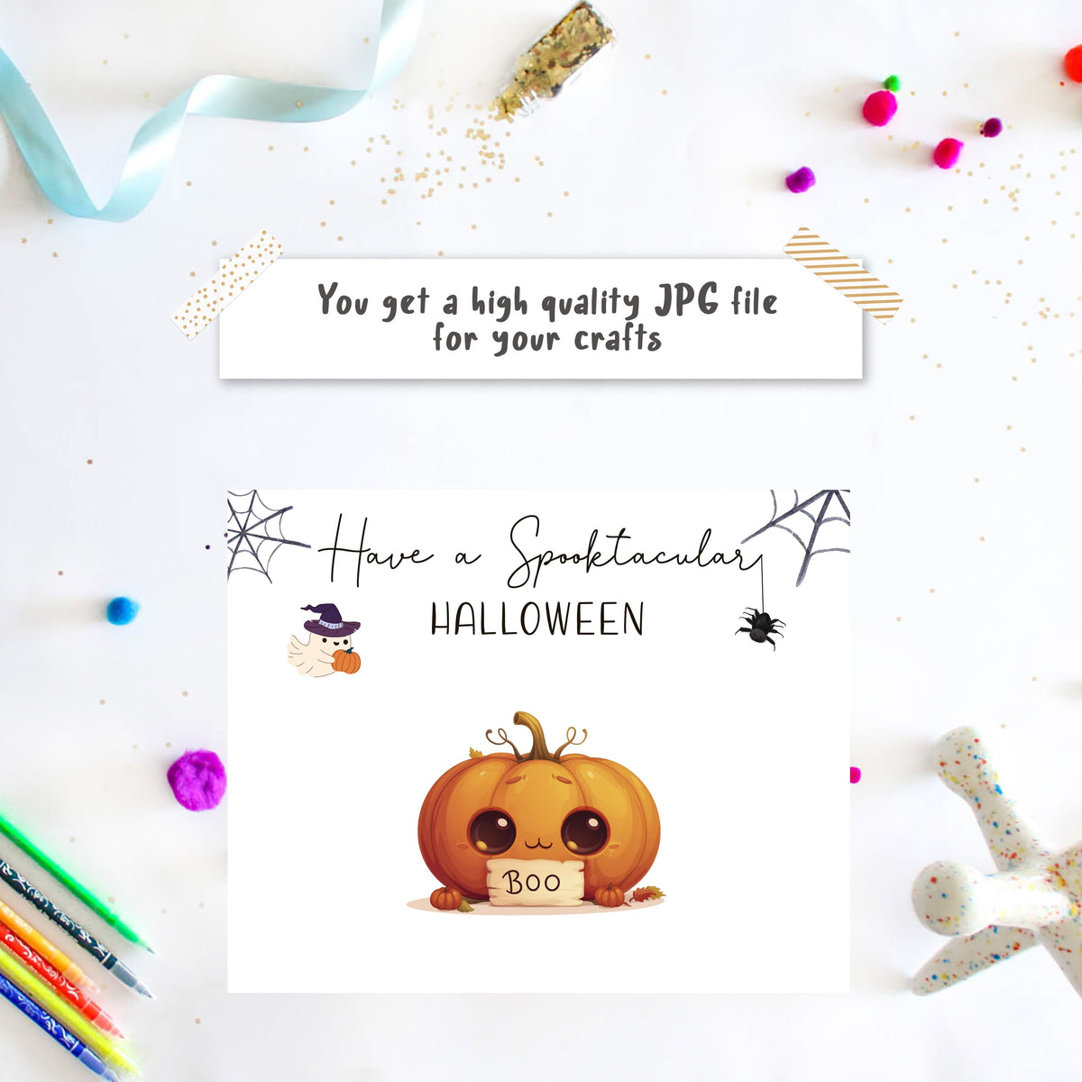 Toddler Boo pumpkin handprint art template with ghost and spiderwebs for Halloween