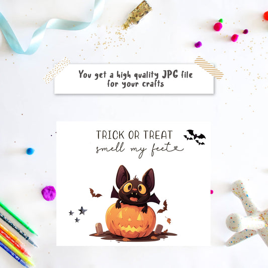 Toddler bat footprint art template with pumpkin design for Halloween
