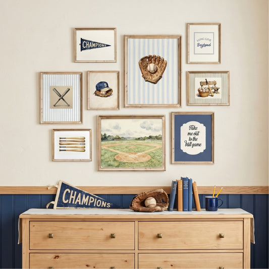 Vintage baseball equipment nursery gallery wall set of 9 styled on a dresser in a boys room