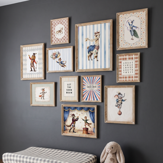 11 piece vintage circus nursery wall art set featuring animal performers, carousel horse and grand circus ticket