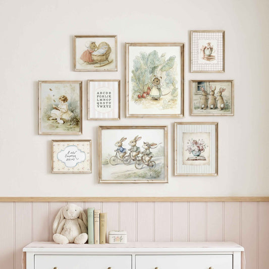 9 piece vintage storybook bunny and mouse nursery wall art set featuring rabbits, garden mice and alphabet chart