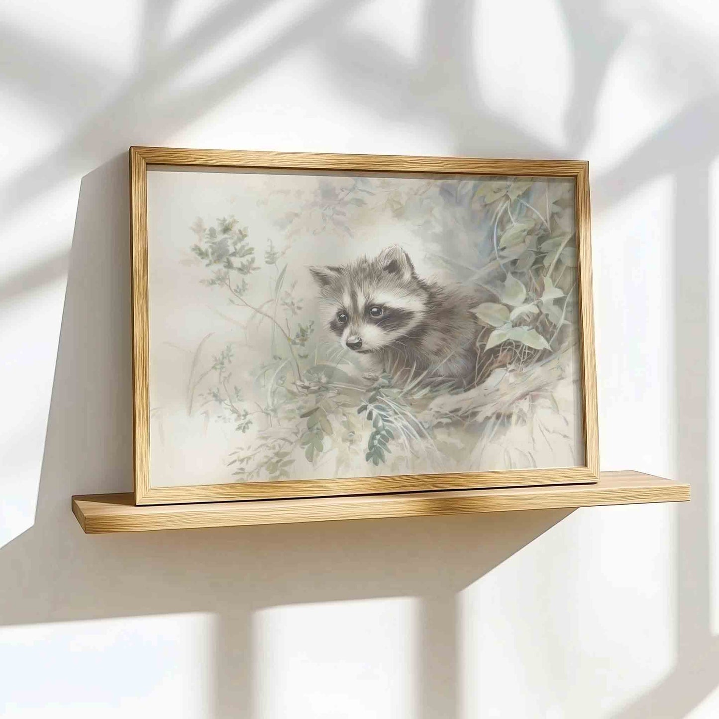 Watercolor raccoon print styled on a shelf for a woodland nursery room