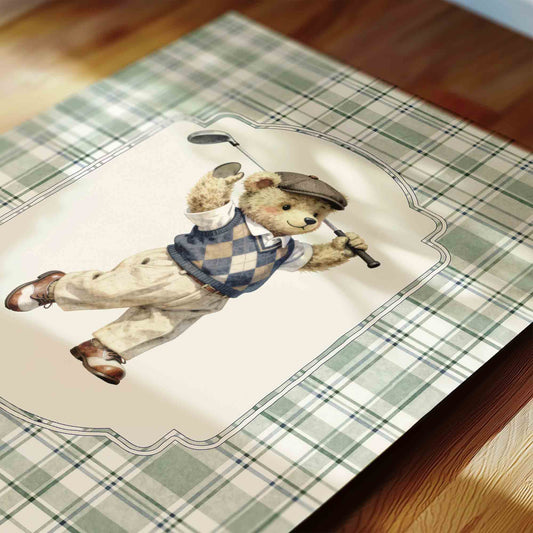 Watercolor teddy bear golfer putting print on sage green plaid for a preppy boys nursery