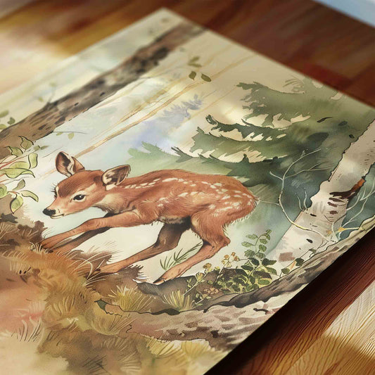 Watercolor woodland animal close up print for a vintage storybook nursery