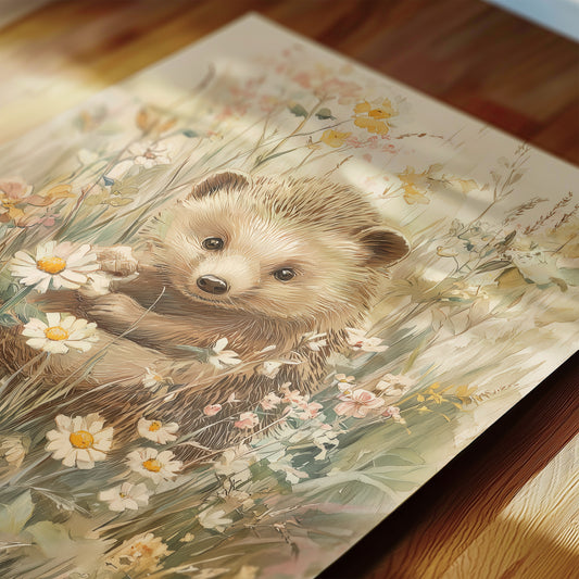 Watercolor woodland animal close up print for a whimsical gender neutral nursery room