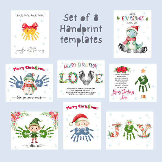 Set of 8 printable Christmas handprint templates featuring snowman, elf, Santa, dinosaur, bells, and holiday words with poems and festive illustrations.