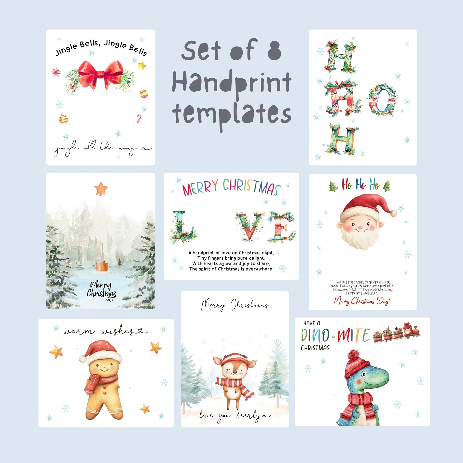 Printable Christmas craft set with 8 toddler templates using both handprints and footprints, including Santa, reindeer, dinosaur, gingerbread, and festive quote designs.