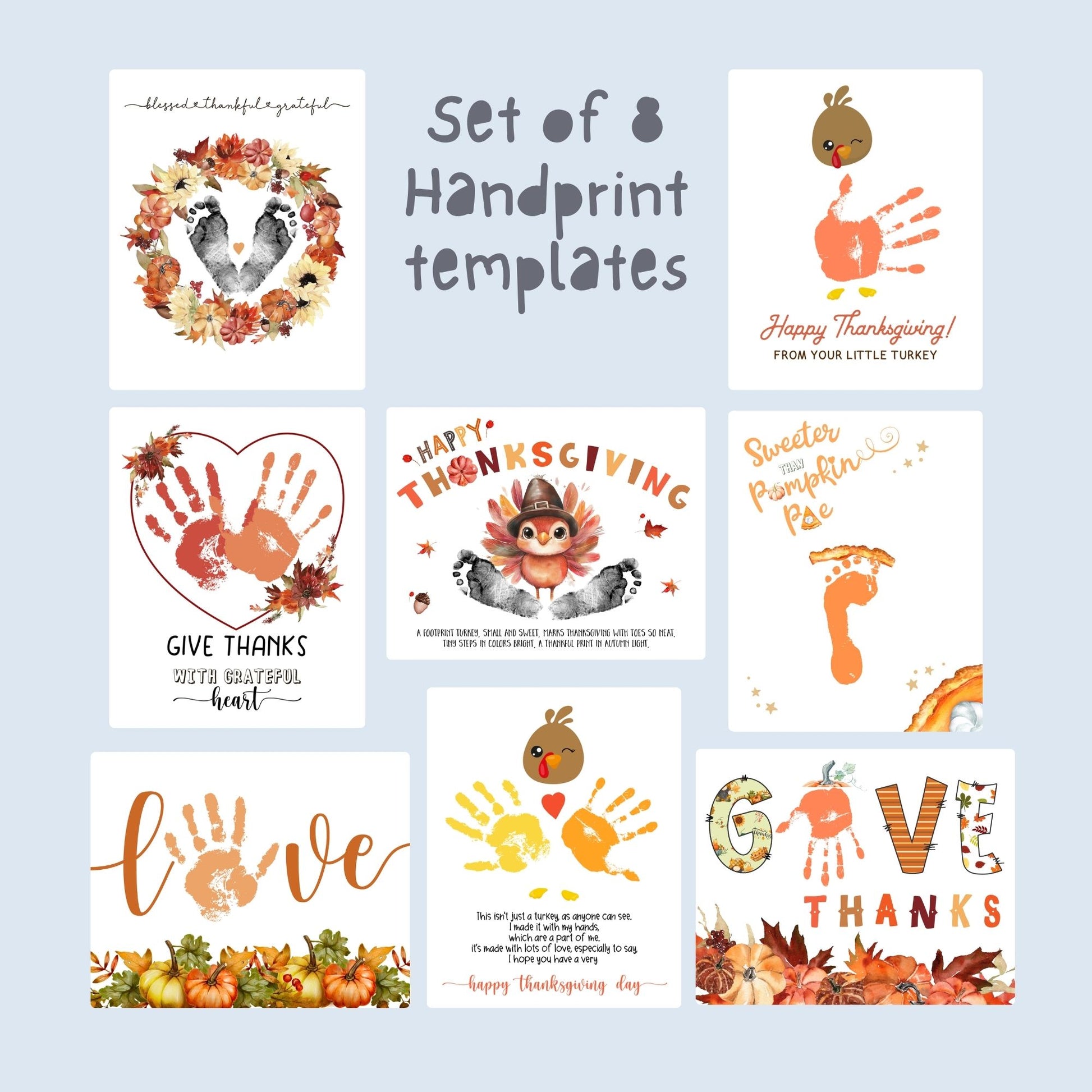 Set of 8 printable Thanksgiving handprint templates featuring turkeys, pumpkins, fall leaves, and heartfelt messages for kids’ crafts.