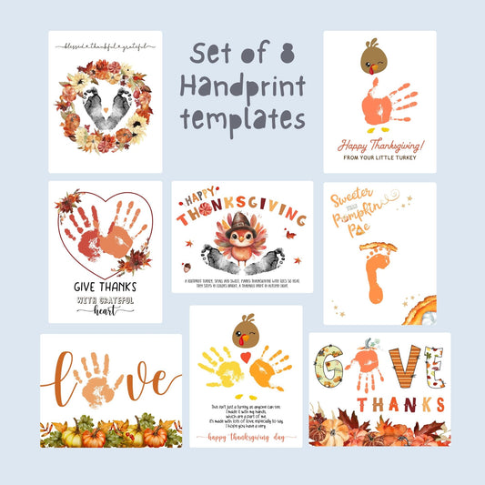 Set of 8 printable Thanksgiving handprint templates featuring turkeys, pumpkins, fall leaves, and heartfelt messages for kids’ crafts.