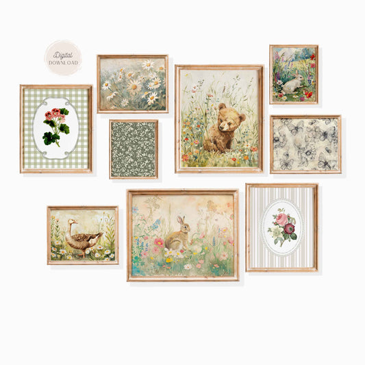 Cottagecore Nursery Gallery Wall Art - Set of 9 Prints