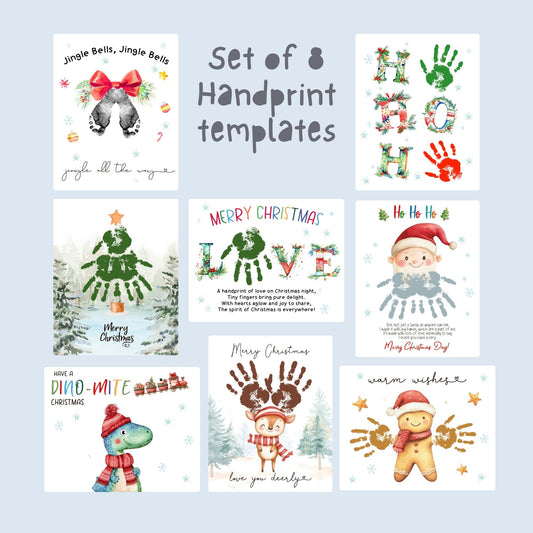Printable Christmas craft set with 8 toddler templates using both handprints and footprints, including Santa, reindeer, dinosaur, gingerbread, and festive quote designs.