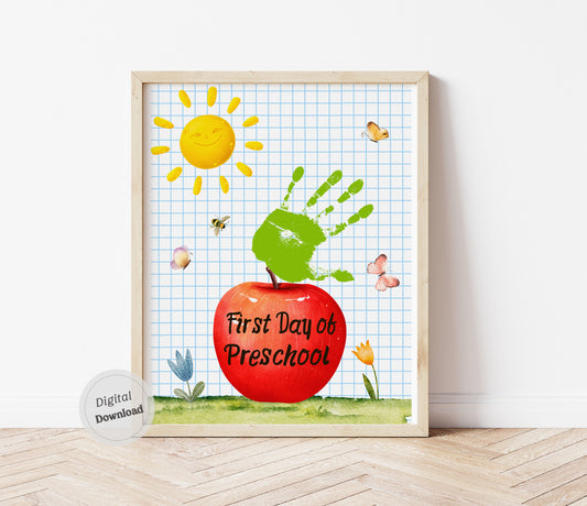 Apple handprint art printable 1st First Day of preschool