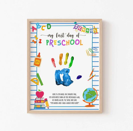 My First Day of Preschool printable handprint template, digital back-to-school art file for kids to add handprint
