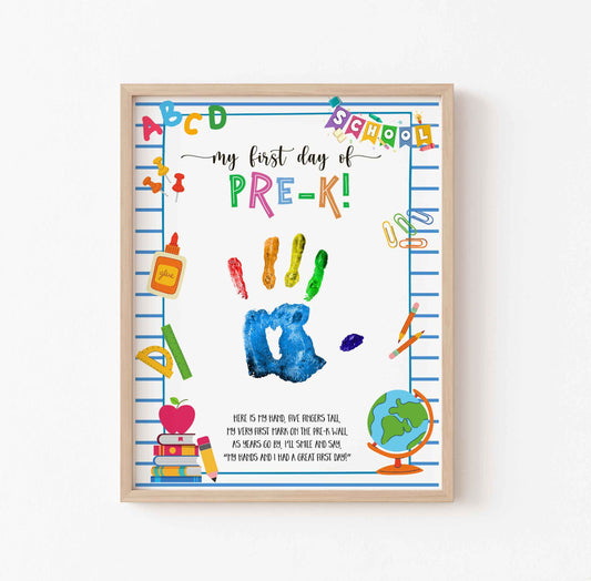 Printable handprint template for first day of Pre-K, colorful digital school-themed art file for preschoolers to add their handprint
