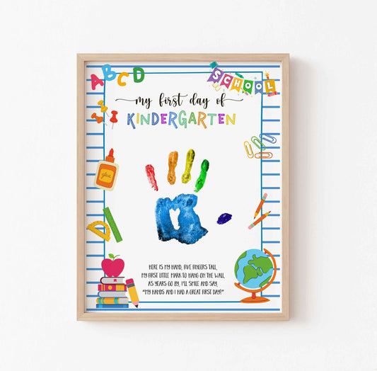 My First Day of Kindergarten printable handprint template, digital back-to-school art file for kids to add handprint as keepsake
