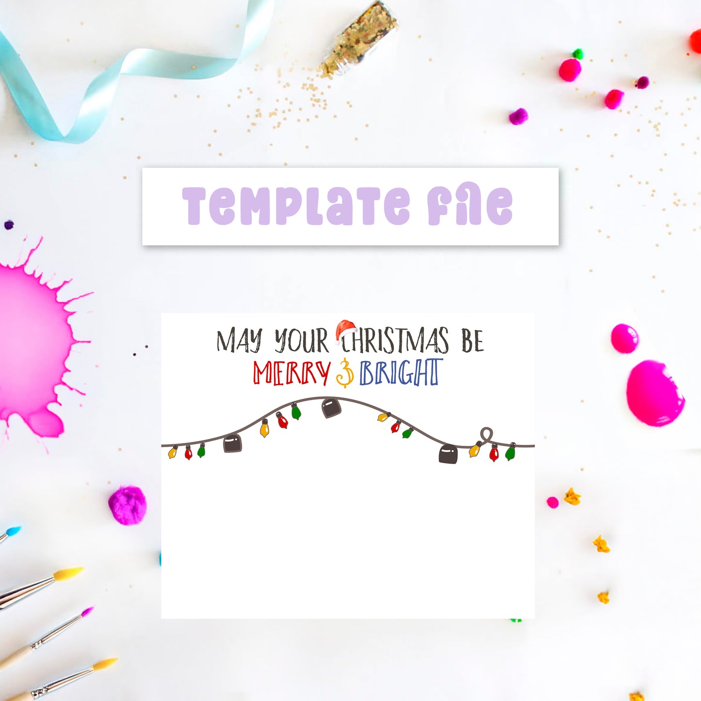 Kids Christmas handprint art with lights and “Merry & Bright” text, printable craft in red, green, and blue for holiday keepsake.