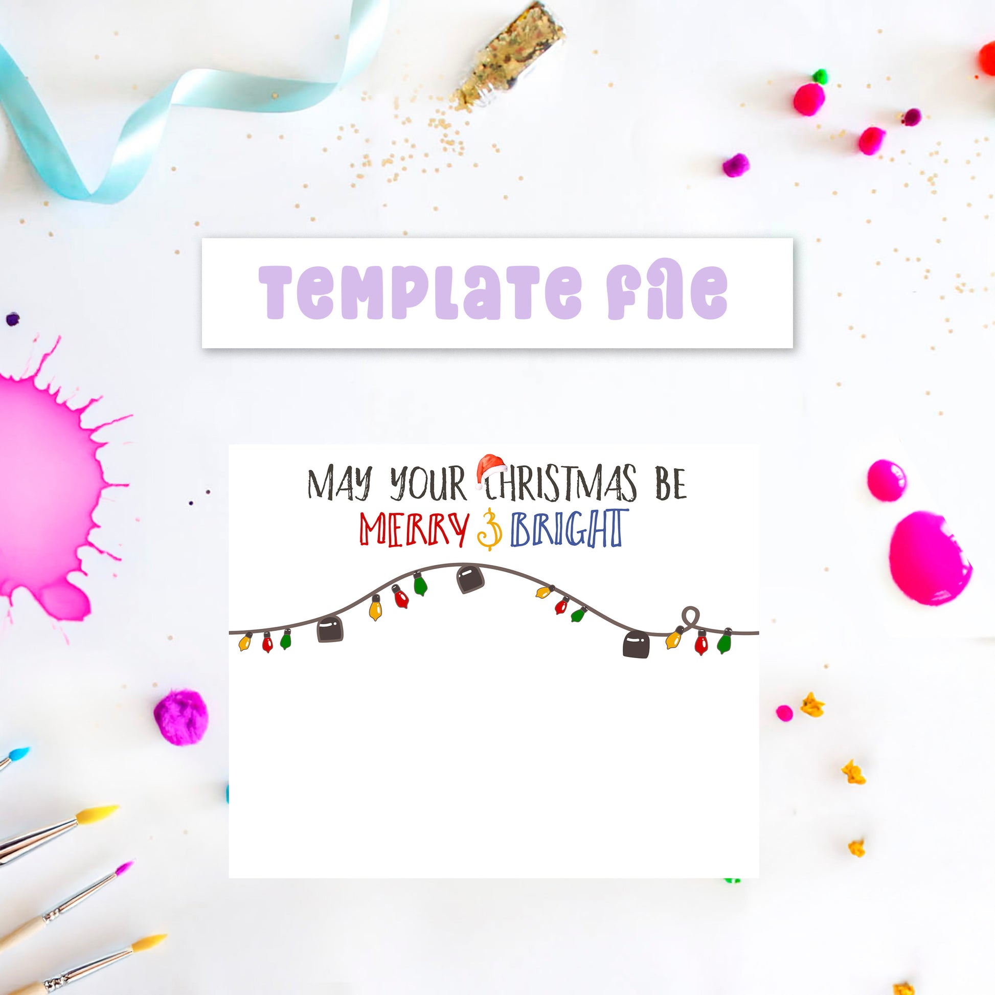 Kids Christmas handprint art with lights and “Merry & Bright” text, printable craft in red, green, and blue for holiday keepsake.