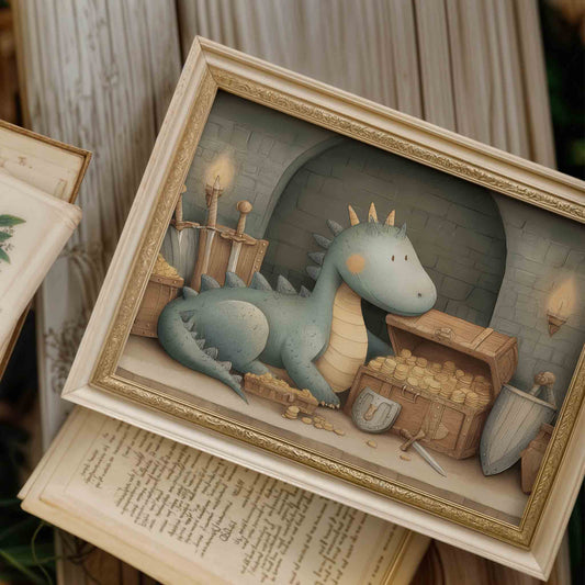 Vintage dragon nursery wall art print for a boys storybook room decor