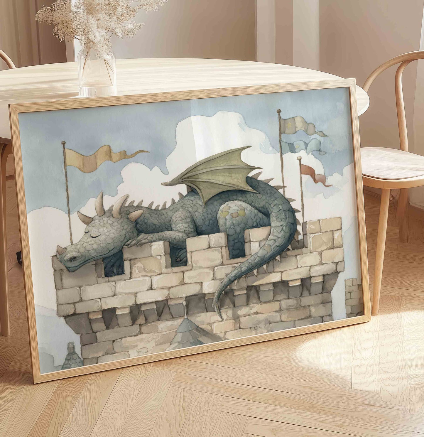 Storybook Dragon and Castle Wall Art - Vintage Fantasy Prints for Boys Room
