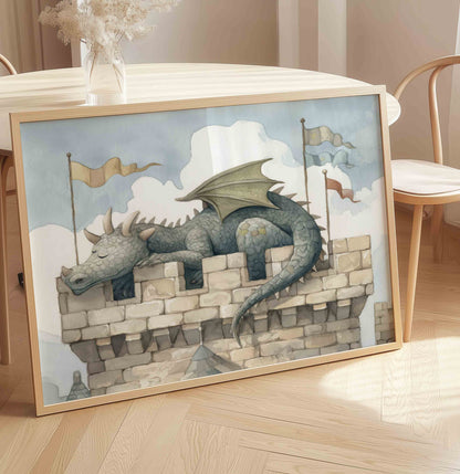 Storybook Dragon and Castle Wall Art - Vintage Fantasy Prints for Boys Room