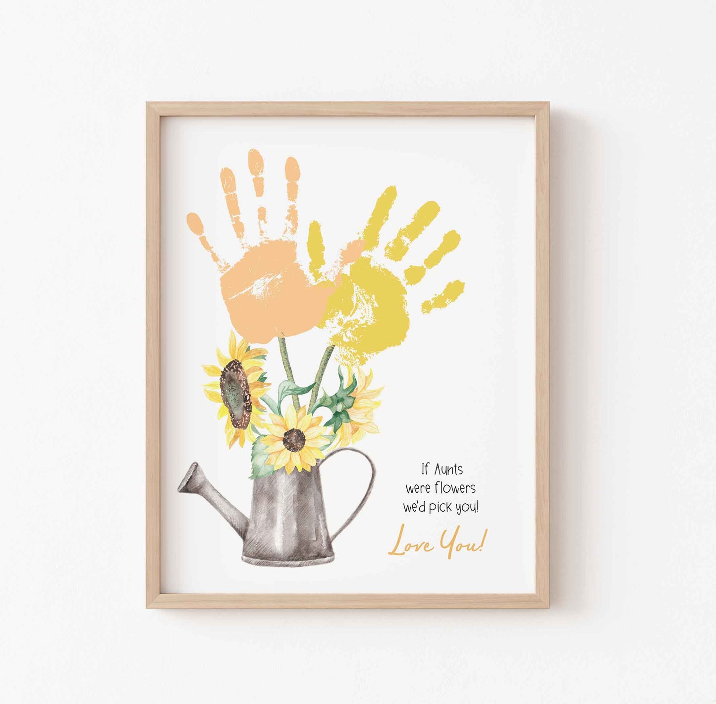 Aunts handprint flower template with watercolor sunflowers in a watering can and sweet message for printable family keepsake craft