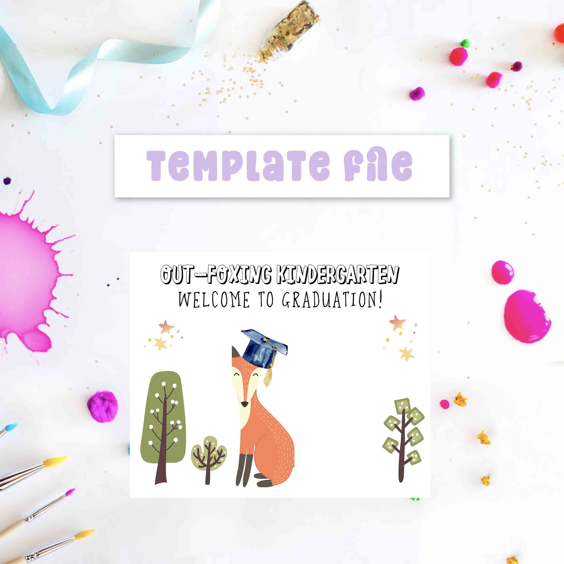 Graduation-themed template file with a fox wearing a cap and tassel, surrounded by trees and paint splashes on a white background.