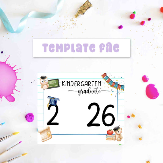 Kindergarten graduation-themed template file with colorful decorations on a white background