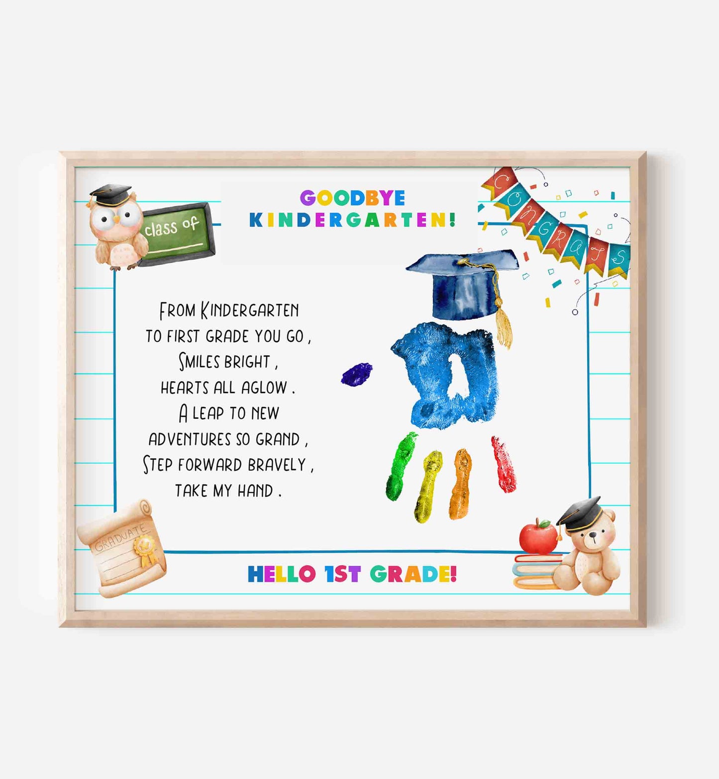 Educational poster with colorful handprints, graduation cap, and text about kindergarten and first grade on a white background.