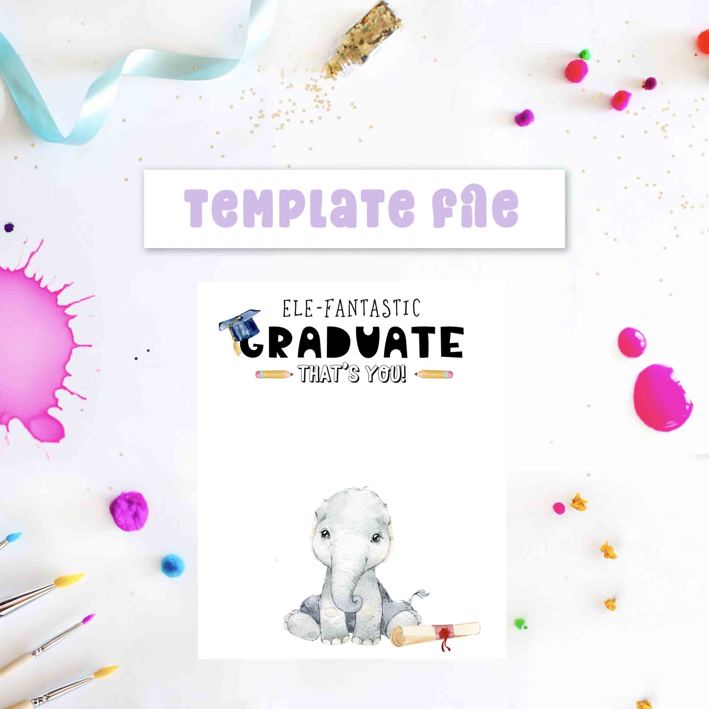 Graduation-themed card with an elephant and colorful decorations on a white background