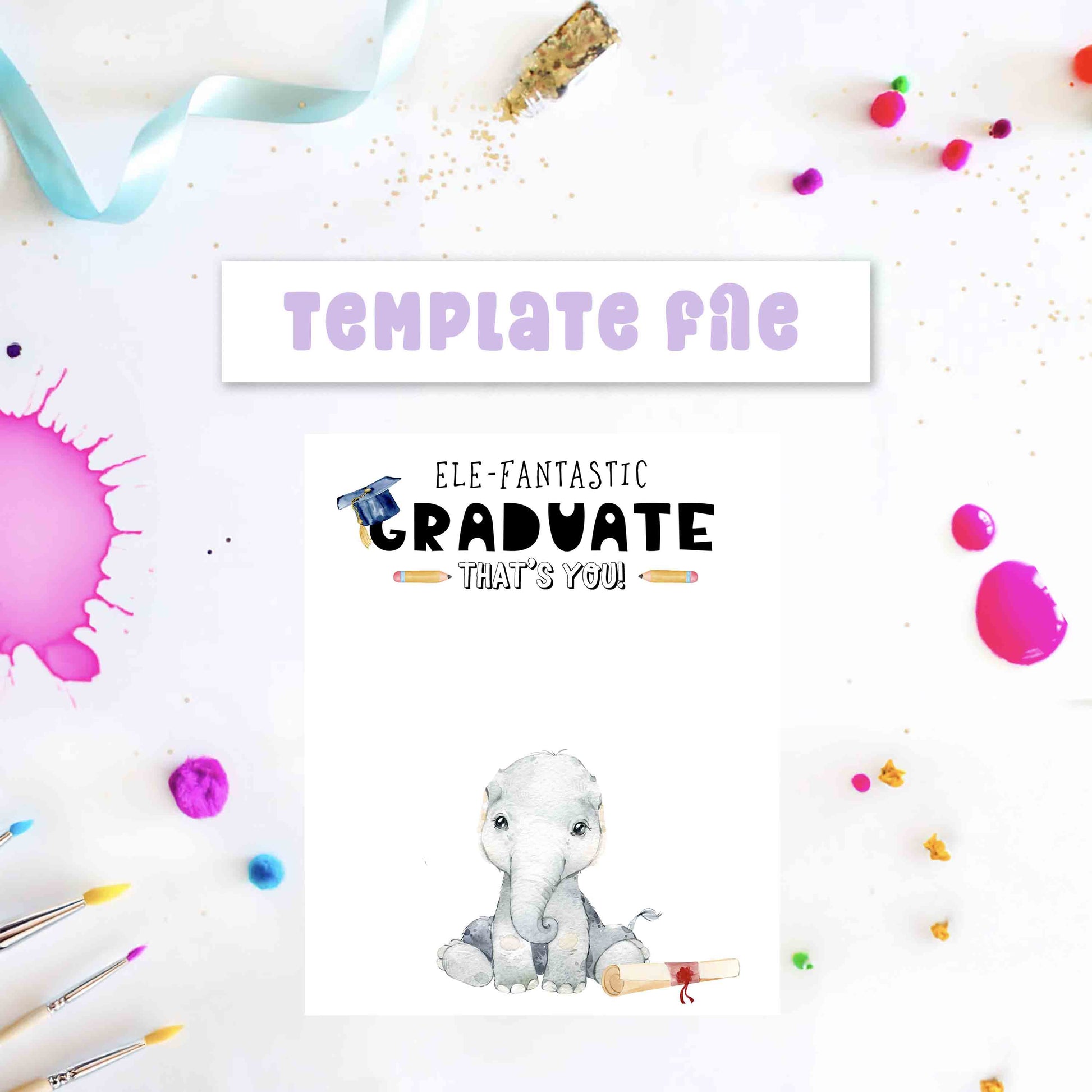 Graduation-themed card with an elephant and colorful decorations on a white background