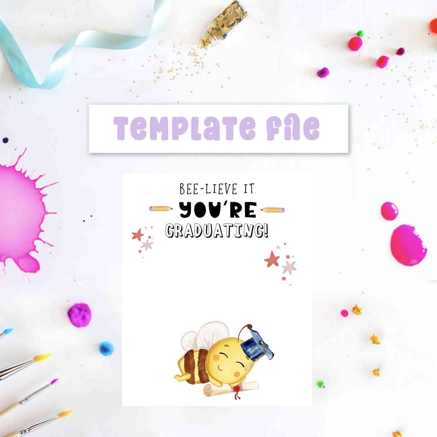 Graduation-themed card with a bee illustration and colorful splashes on a white background.