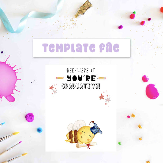 Graduation-themed card with a bee illustration and colorful splashes on a white background.