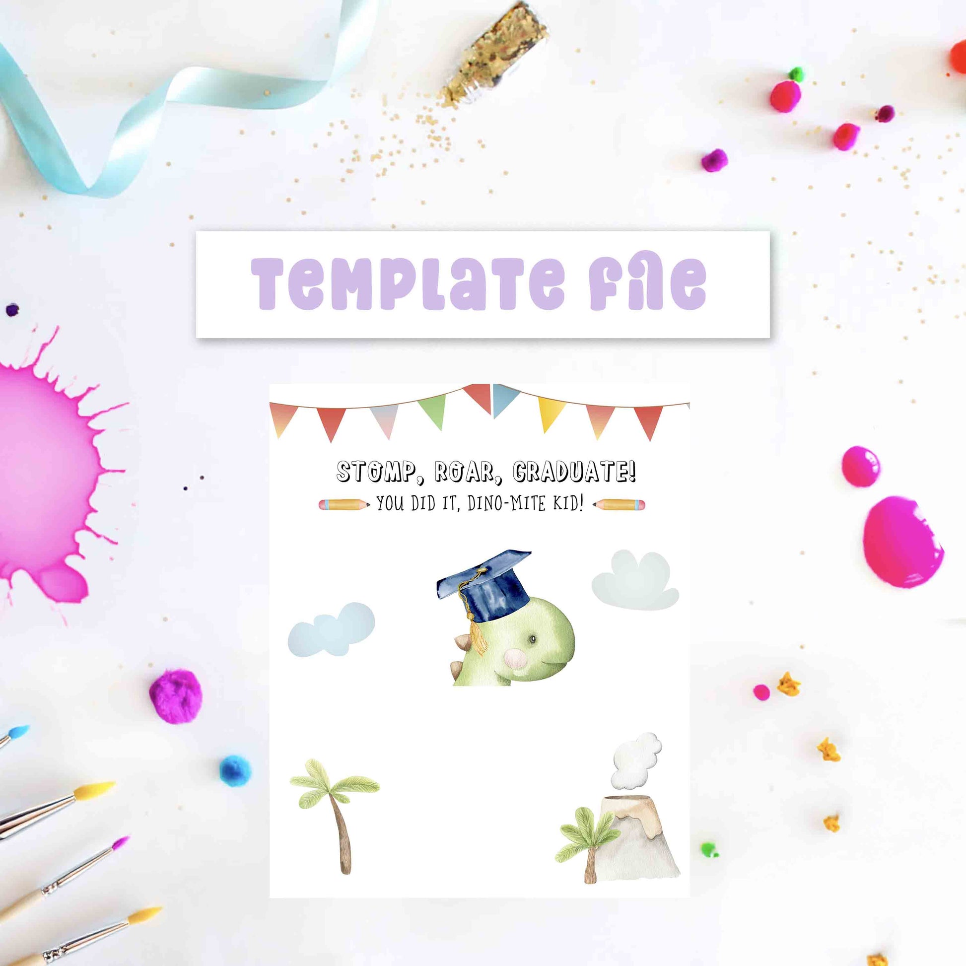 Graduation-themed template file with colorful decorations on a white background