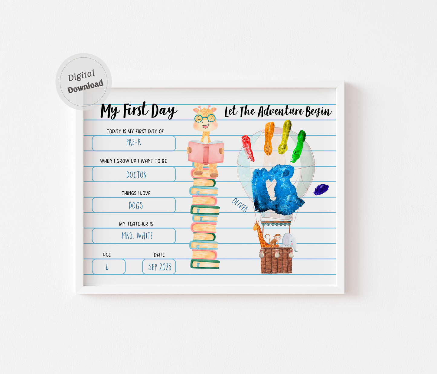 First day of School board printable Adventure begin handprint art template