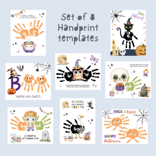 Preview image of 8 printable Halloween handprint art templates for kids, including spooky characters like cat, skeleton, owl, and zombie.

