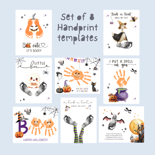Set of 8 printable Halloween craft templates for toddlers and daycare, including handprint and footprint art with pumpkins, ghosts, and Halloween animals.