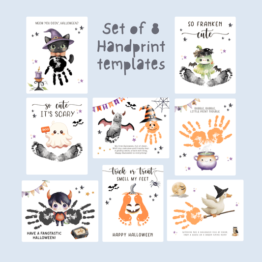 Printable Halloween baby footprint and handprint craft set with 8 designs: ghost, pumpkin, bat, llama, witch goose, and cauldron, for infants and newborns.
