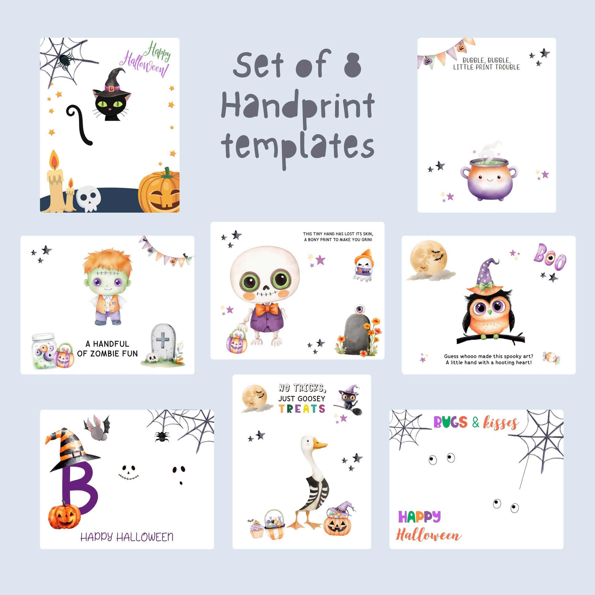 Preview image of 8 printable Halloween handprint art templates for kids, including spooky characters like cat, skeleton, owl, and zombie.