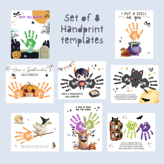 Printable Halloween handprint craft set with 8 cute and spooky designs: devil, cat, goose, tree, cauldron, bat, pumpkin, and spooky BOO letters.
