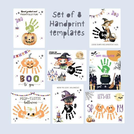 Set of 8 printable Halloween handprint art templates featuring witch, cat, pumpkins, cauldron, and festive goose with banners and spooky elements.