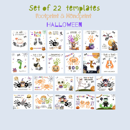 Printable Halloween handprint and footprint template set with 22 digital designs for kids crafts and baby keepsakes
