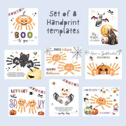 Preview of 8 Halloween printable templates for kids featuring handprints and footprints: pumpkins, ghost, bat, cat, llama, spiders, and friendly monsters.