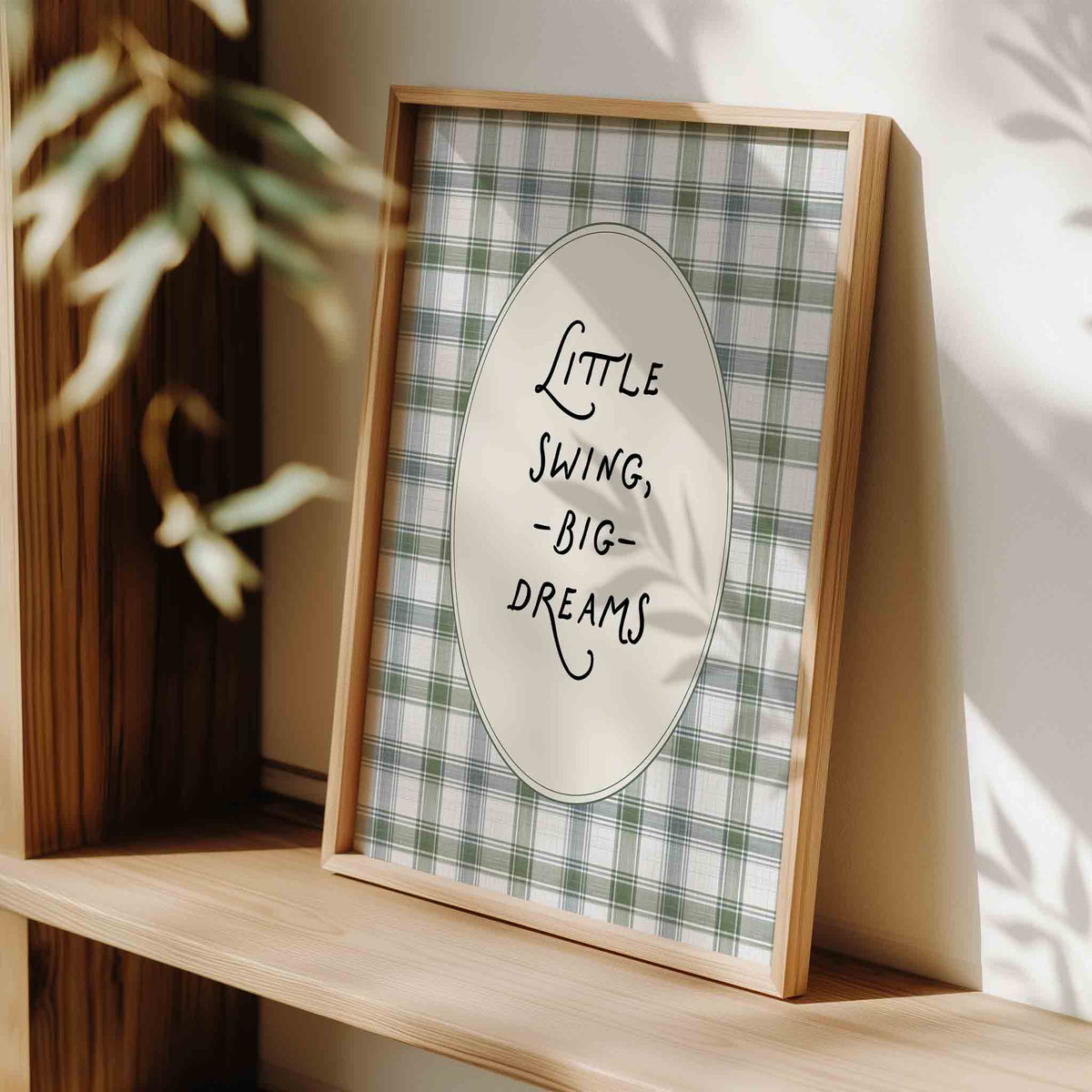 Little swing big dreams typography print on sage gingham for a golf nursery room
