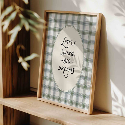 Little swing big dreams typography print on sage gingham for a golf nursery room