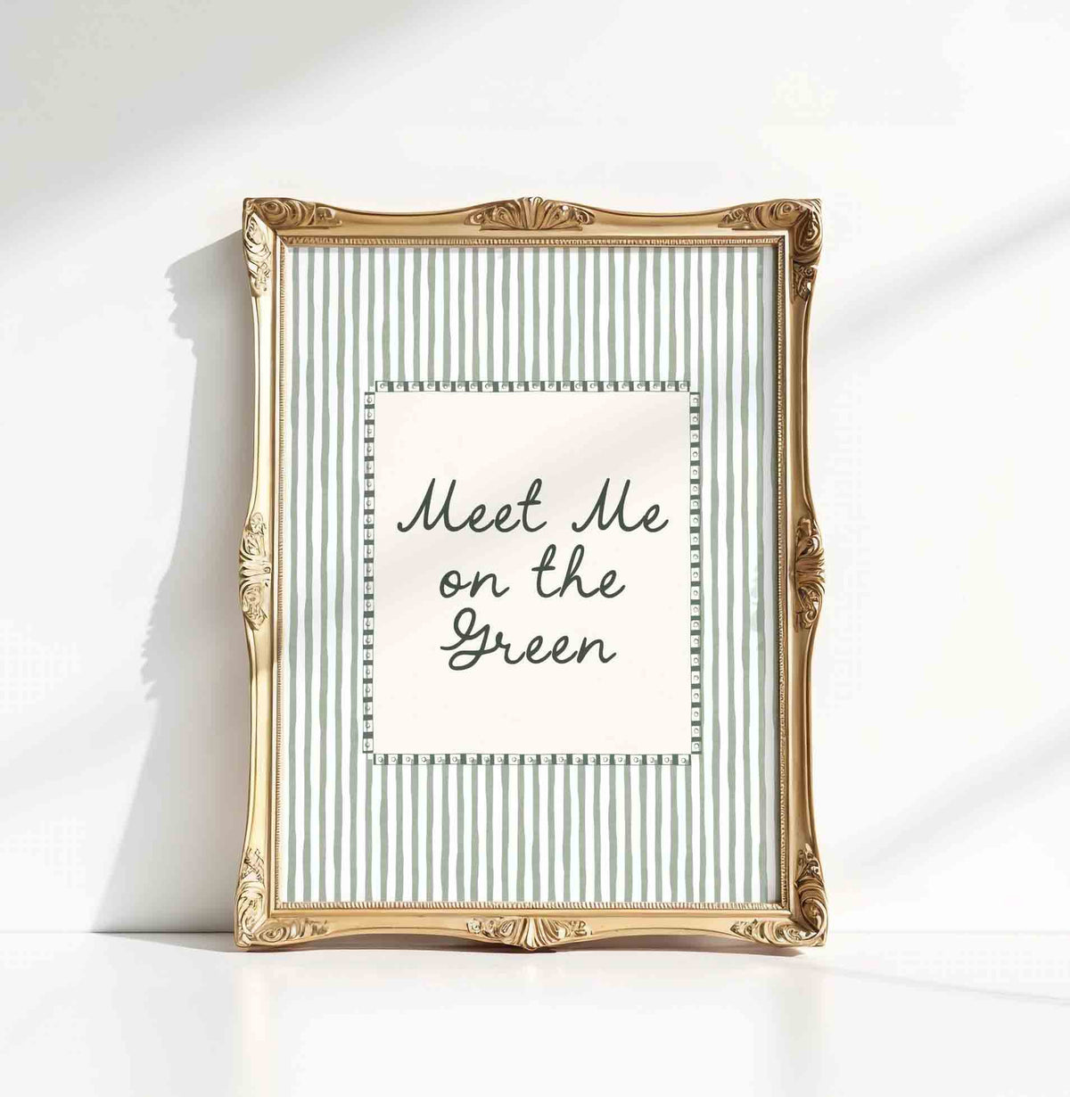 Meet me on the green typography print on sage stripe for a golf nursery room